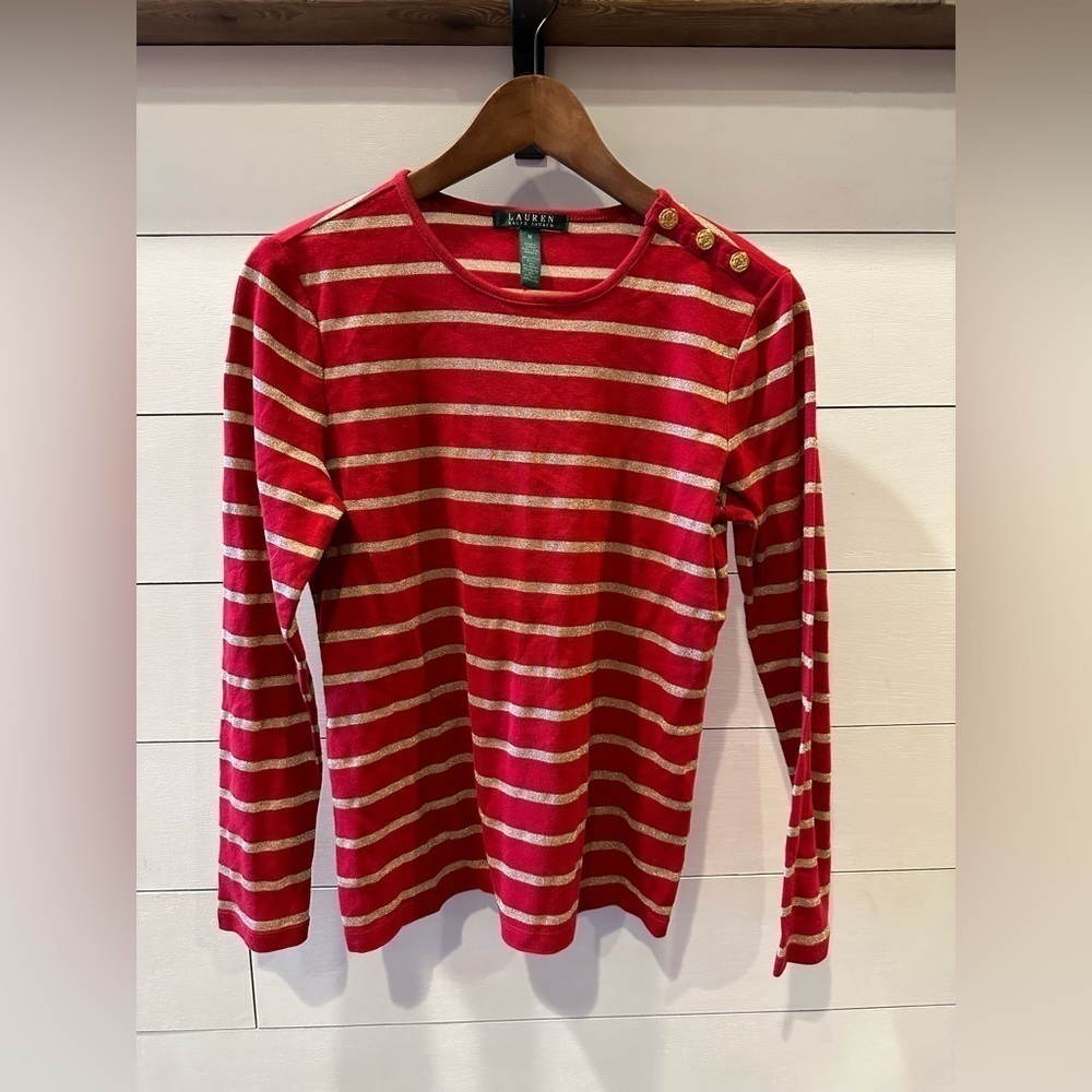 Ralph Lauren Gold/ Red Button Sleeve Sweater- medium